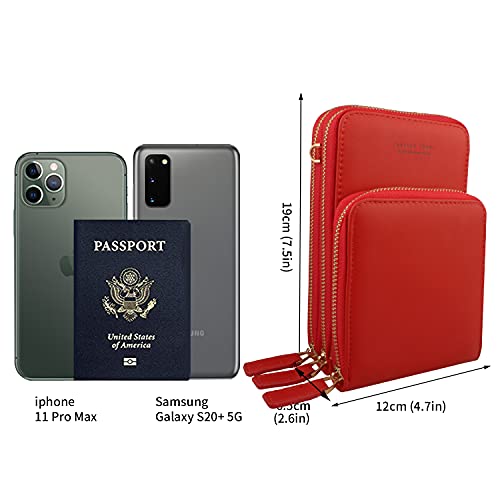 Bolso de teléfono móvil para Mujer Monedero de Cartera Cruzada Mini Bolso de teléfono Celular Cruzado de Cuero Ligero con Ranuras para Tarjeta de Correa (Rojo)