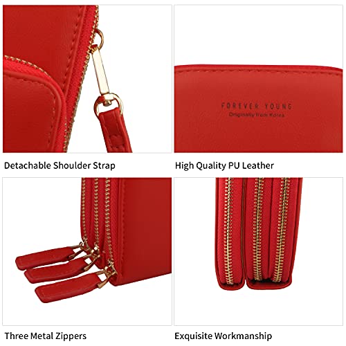 Bolso de teléfono móvil para Mujer Monedero de Cartera Cruzada Mini Bolso de teléfono Celular Cruzado de Cuero Ligero con Ranuras para Tarjeta de Correa (Rojo)