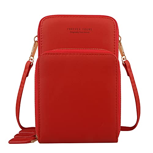 Bolso de teléfono móvil para Mujer Monedero de Cartera Cruzada Mini Bolso de teléfono Celular Cruzado de Cuero Ligero con Ranuras para Tarjeta de Correa (Rojo)