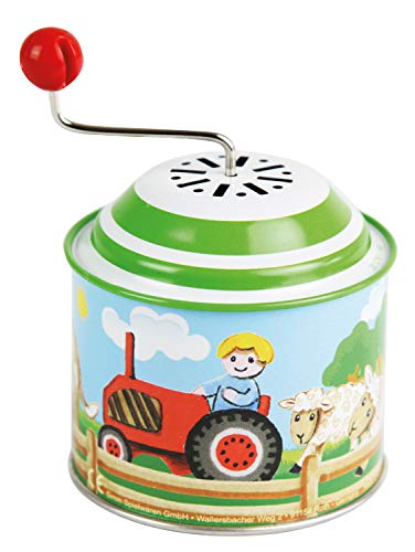 Bolz 52760 - Caja de música con diseño de Granja, Aprox. 10,5 x 7,5 cm, Lata giratoria con melodía Old MC Donald Has a Farm, Bote Giratorio de Metal, ángel Giratorio para niños a Partir de 18 m