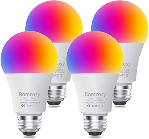 Bombilla inteligente, Bombilla LED inteligente WiFi Bomcosy de 9 W, compatible con Alexa, Echo, Google Home y Siri (no se requiere concentrador), blanco cálido, equivalente a 60 W, 4 Pack