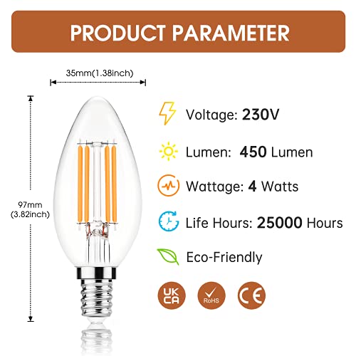 Bombilla LED E14, 6 bombillas LED tipo vela E14, 4W equivalente a 40W, luz cálida 2700K, 450Lm, C35, estilo vintage, no regulable (E14 Bombillas LED)