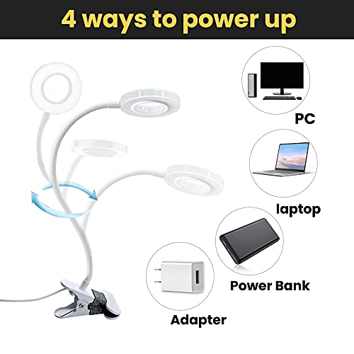 Bonlux 5W USB Portátil Lámpara LED con pinza, Clip LED Luz Lampara de Mesa Lectura Escritorio, Protección para Ojos, 10 Nivel de Brillo Ajustable, 3 Colores de Iluminación, Flexible Regulable (Blanco)