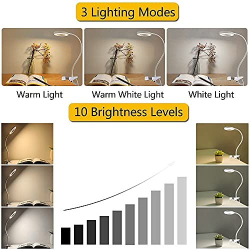 Bonlux 5W USB Portátil Lámpara LED con pinza, Clip LED Luz Lampara de Mesa Lectura Escritorio, Protección para Ojos, 10 Nivel de Brillo Ajustable, 3 Colores de Iluminación, Flexible Regulable (Blanco)