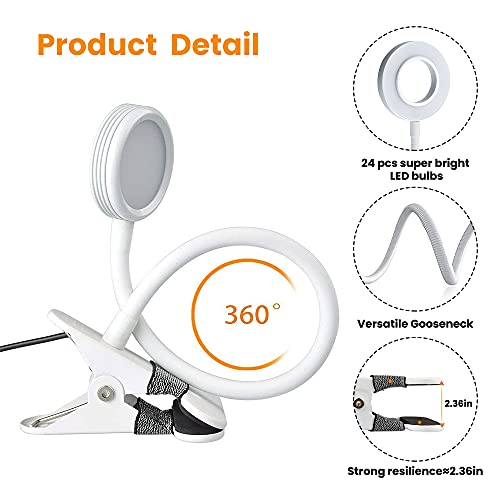 Bonlux 5W USB Portátil Lámpara LED con pinza, Clip LED Luz Lampara de Mesa Lectura Escritorio, Protección para Ojos, 10 Nivel de Brillo Ajustable, 3 Colores de Iluminación, Flexible Regulable (Blanco)