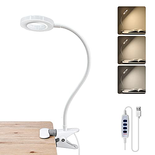 Bonlux 5W USB Portátil Lámpara LED con pinza, Clip LED Luz Lampara de Mesa Lectura Escritorio, Protección para Ojos, 10 Nivel de Brillo Ajustable, 3 Colores de Iluminación, Flexible Regulable (Blanco)