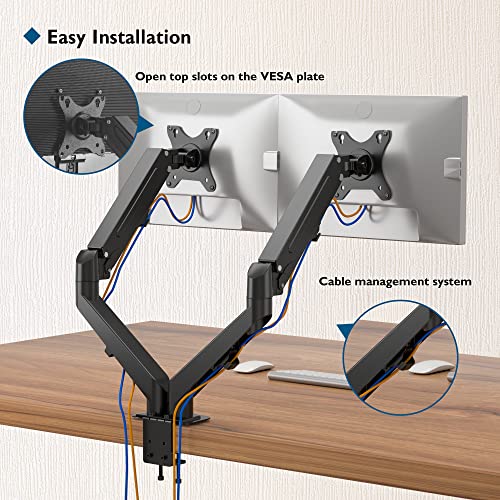 BONTEC Soporte Monitor Mesa Brazo Monitor Doble para Monitor Pantallas LCD LED de 13-27 Pulgadas, con Resorte de Gas de Movimiento Completo, Abrazaderas C,Soporte VESA 75-100 mm y Peso 2-6.5 kg