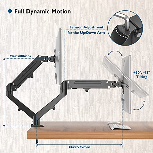 BONTEC Soporte Monitor Mesa Brazo Monitor Doble para Monitor Pantallas LCD LED de 13-27 Pulgadas, con Resorte de Gas de Movimiento Completo, Abrazaderas C,Soporte VESA 75-100 mm y Peso 2-6.5 kg