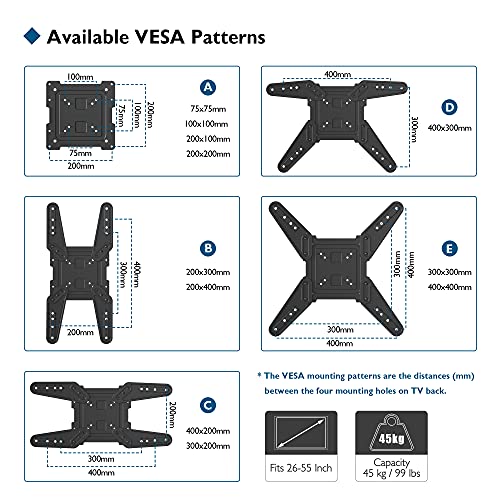 BONTEC Soporte TV Pared para Televisores Planos/Curvos con LED/LCD de 26-55 Pulgadas, Máx VESA 400x400mm, Inclinación/Giro/Rotación, hasta 45kgs,Nivel de Burbuja