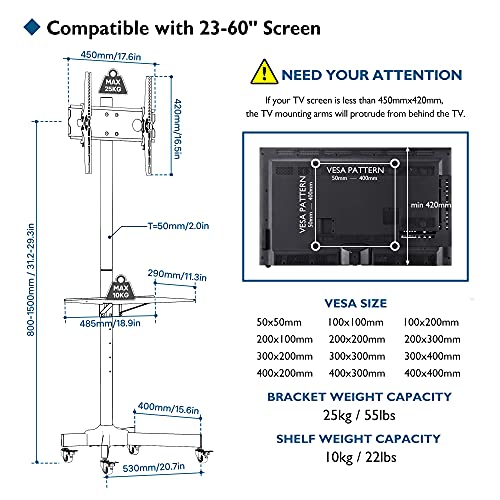 BONTEC Soporte TV Ruedas Soporte TV Suelo para 23-60 Pulgadas Plasma/LCD/LED Soportes TV de Pie para Pantalla Plana Móvil Carro de Exhibición Trole, Máx. VESA 400x400 mm Blanco