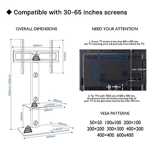 BONTEC Soporte TV Suelo con 2 Estantes de Vidrio Templado para Pantallas LCD de 30 a 65 Altura Ajustable, VESA 600 x 400 mm hasta 40 kg