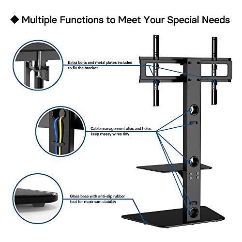 BONTEC Soporte TV Suelo con 2 Estantes de Vidrio Templado para Pantallas LCD de 30 a 65 Altura Ajustable, VESA 600 x 400 mm hasta 40 kg