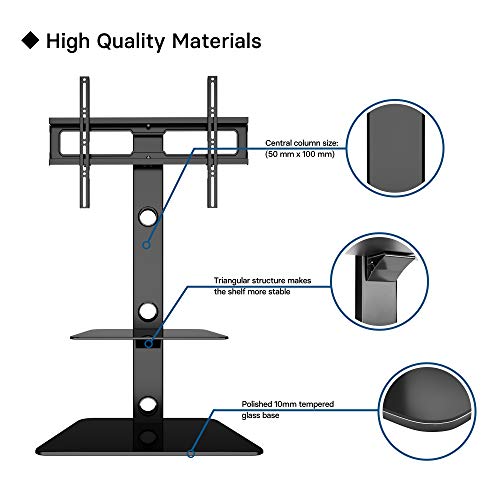 BONTEC Soporte TV Suelo con 2 Estantes de Vidrio Templado para Pantallas LCD de 30 a 65 Altura Ajustable, VESA 600 x 400 mm hasta 40 kg