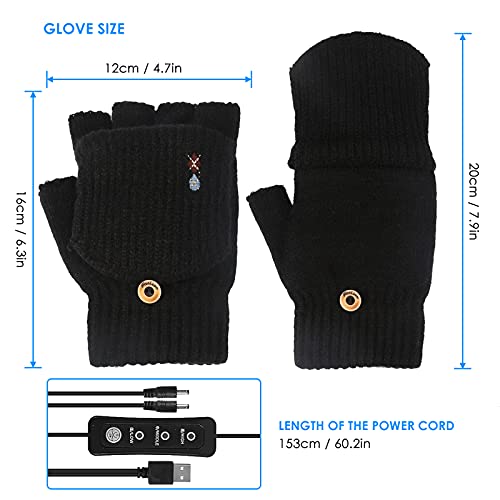 Borlai Guantes con calefacción USB para hombre y mujer, guantes de invierno, unisex, para hacer punto eléctrico, sin dedos, con cubierta para dedos, Negro, M
