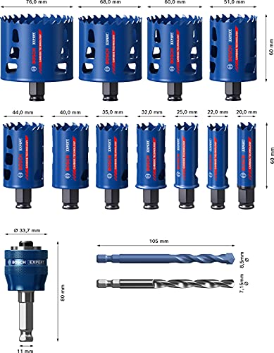 Bosch Accessories 2608900448 Bosch Professional 14x Sierras de Corona Expert Tough Material (Ø 20-76 mm, Accesorios Taladro de Impacto rotativo), Set diámetro 20/22/25/32/35/40/44/51/60/68/76 mm