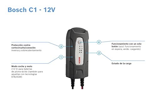 Bosch C1 - cargador de baterías inteligente y automático - 12V / 3,5A - para baterías de plomo-ácido, GEL y Start/Stop EFB para motocicletas y vehículos ligeros