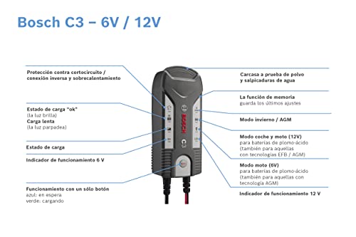 Bosch C3 - cargador de baterías inteligente y automático - 6V/12 V / 3.8 A - para baterías de plomo-ácido, GEL, Start/Stop EFB, Start/Stop AGM para motocicletas y vehículos ligeros