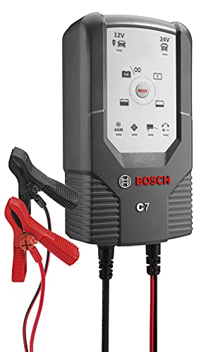 Bosch C7 - cargador de baterías inteligente y automático - 12V/24 V / 7A - para baterías de plomo-ácido, GEL, Start/Stop EFB, Start/Stop AGM para motocicletas y vehículos ligeros
