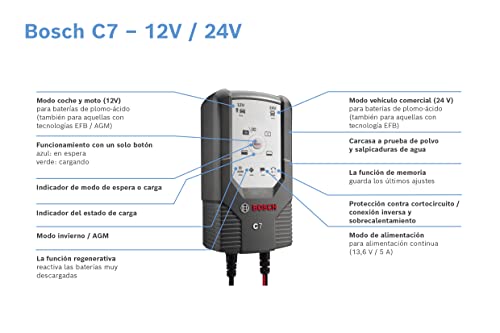 Bosch C7 - cargador de baterías inteligente y automático - 12V/24 V / 7A - para baterías de plomo-ácido, GEL, Start/Stop EFB, Start/Stop AGM para motocicletas y vehículos ligeros