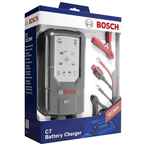 Bosch C7 - cargador de baterías inteligente y automático - 12V/24 V / 7A - para baterías de plomo-ácido, GEL, Start/Stop EFB, Start/Stop AGM para motocicletas y vehículos ligeros