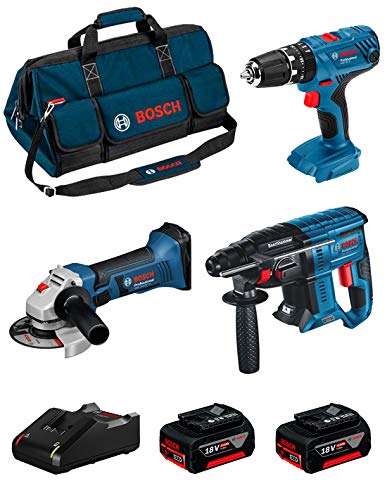 BOSCH Kit 18V BK304BAG (Martillo Perforador GBH 18V-21 + Taladro Percutor GSB 18V-21 + Amoladora GWS 18-125 V-LI + 2 Baterías de 4,0 Ah + Cargador + Bolsa)