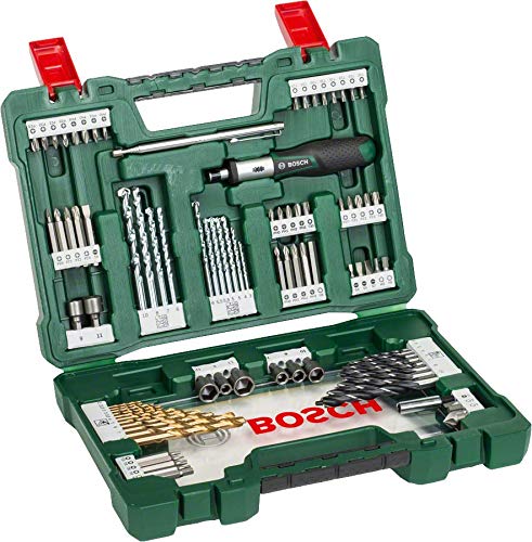 Bosch Maletín de 91 V-Line unidades para taladrar y atornillar (para madera, piedra y metal, con destornillador dinamométrico y barra imantada, Accesorios herramientas de perforación y atornillado)