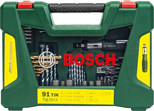 Bosch Maletín de 91 V-Line unidades para taladrar y atornillar (para madera, piedra y metal, con destornillador dinamométrico y barra imantada, Accesorios herramientas de perforación y atornillado)