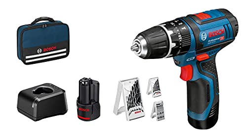 Bosch Professional 12V System Taladro percutor a batería GSB 12V-15 (incl. 2x2,0 Ah batería + cargador, 2 juegos de brocas, 1 juego de Bit, en bolsa) - Amazon Exclusive Set