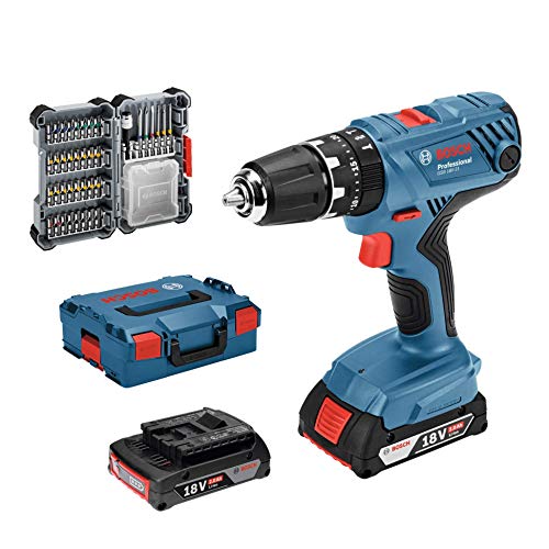 Bosch Professional 18V System Taladro percutor a batería GSB 18V-21 (incl. batería de 2x2,0 Ah, juego de accesorios de 40 piezas, en L-BOXX 136) - Amazon Exclusive Set