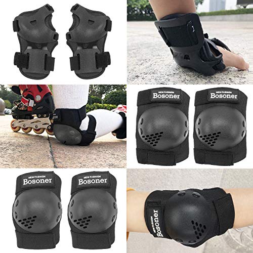 BOSONER Niños/Niños Rodilleras Coderas Protectores Conjunto de Equipo de protección para Patines Ciclismo BMX Bicicleta Monopatín Patines en línea Scooter Riding Sports (Negro, Medio (6-15 años))