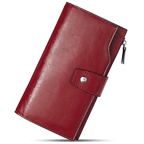 BOSTANTEN Cartera para mujer de cuero genuino carteras de gran capacidad en efectivo con bolsillo con cremallera, 0-wine Red Oil Wax, (L)7.7 x (W)3.9 x (H)0.98 inches