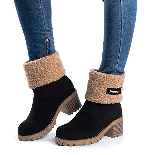 Botas Mujer Invierno Forradas Cálidas Botines Serraje Tacón Ancho Medio 6CM Plataforma Zapatos Nieve Cómodos Casual Negro EU 40