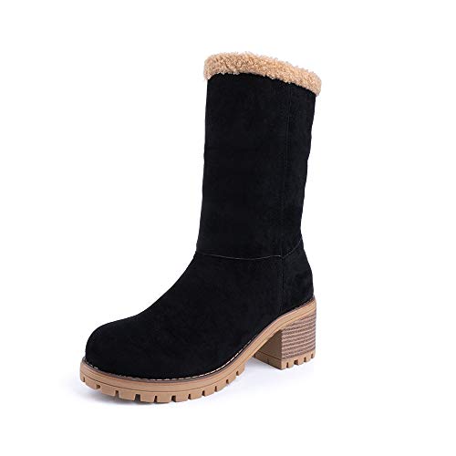 Botas Mujer Invierno Forradas Cálidas Botines Serraje Tacón Ancho Medio 6CM Plataforma Zapatos Nieve Cómodos Casual Negro EU 40