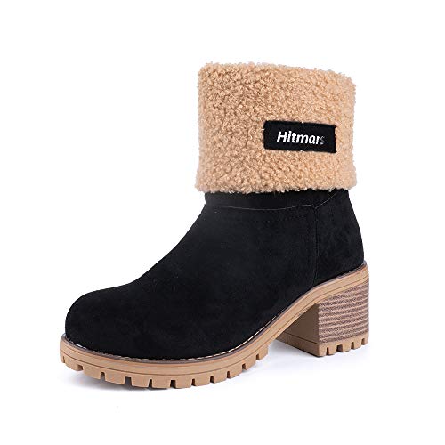 Botas Mujer Invierno Forradas Cálidas Botines Serraje Tacón Ancho Medio 6CM Plataforma Zapatos Nieve Cómodos Casual Negro EU 40