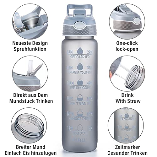 Botella de agua de 1 L con pajita y marcadores de tiempo, Tritan sin BPA, reutilizable, a prueba de fugas, para bicicleta al aire libre (gris)