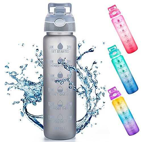 Botella de agua de 1 L con pajita y marcadores de tiempo, Tritan sin BPA, reutilizable, a prueba de fugas, para bicicleta al aire libre (gris)