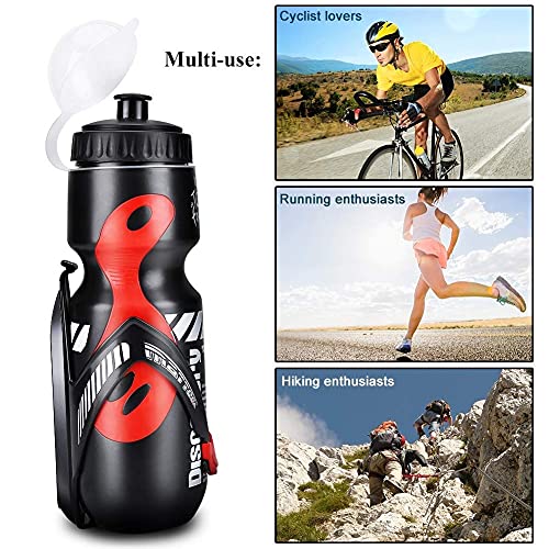 Botella de Agua Deportiva, Botella de Agua de Deportes 650ml con Soporte de Bicicleta Soporte de Jaula para Bicicletas de Montaña de Ciclo(Black+Red)