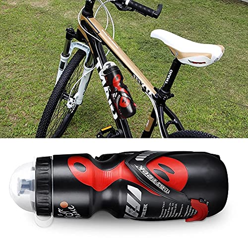 Botella de Agua Deportiva, Botella de Agua de Deportes 650ml con Soporte de Bicicleta Soporte de Jaula para Bicicletas de Montaña de Ciclo(Black+Red)
