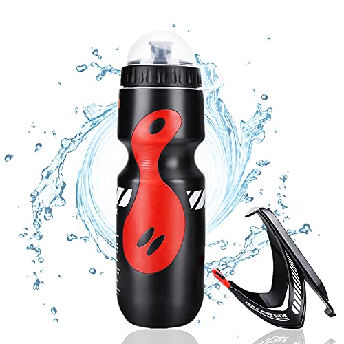 Botella de Agua Deportiva, Botella de Agua de Deportes 650ml con Soporte de Bicicleta Soporte de Jaula para Bicicletas de Montaña de Ciclo(Black+Red)