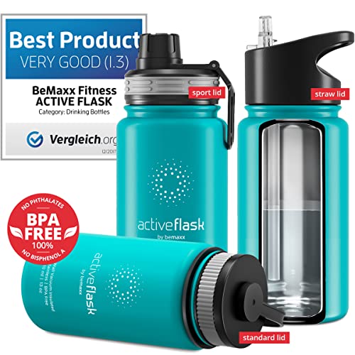 Botella de Agua Térmica Active Flask + Pajita (3 Tapones) sin BPA - 1l & 500ml | Frasco Termo de Acero Inoxidable + Aislamiento Vacío | Cantimplora Aislada Bicicleta Deporte Caliente Fría Café Té