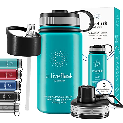 Botella de Agua Térmica Active Flask + Pajita (3 Tapones) sin BPA - 1l & 500ml | Frasco Termo de Acero Inoxidable + Aislamiento Vacío | Cantimplora Aislada Bicicleta Deporte Caliente Fría Café Té