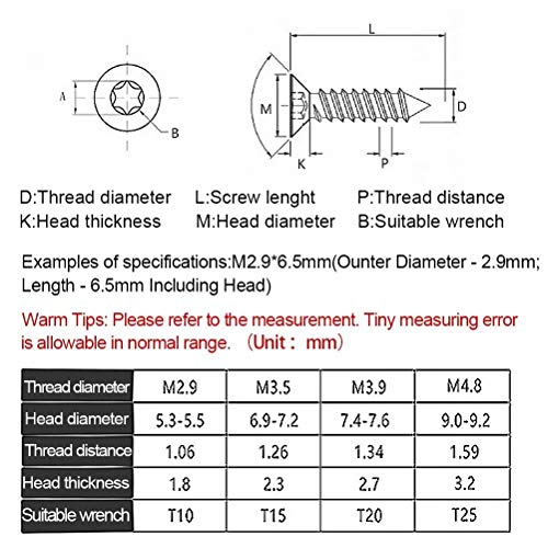 BOZONLI M2.9 Tornillos Autorroscantes Tornillos de Cabeza Plana Torx Tornillos de Sujeción de Acero Carbono, M2.9×25mm,100 pcs