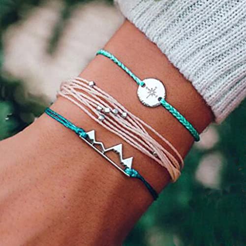 Branets - Juego de pulseras de brújula en capas Boho, pulsera de montaña de plata con cuentas, cadena de mano, accesorios de joyería para mujeres y niñas (3 piezas)