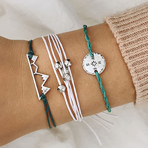 Branets - Juego de pulseras de brújula en capas Boho, pulsera de montaña de plata con cuentas, cadena de mano, accesorios de joyería para mujeres y niñas (3 piezas)