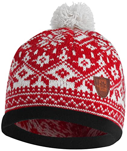 Bråtens Hallingdal Sombrero Noruego con pompón - Hecho en Europa - Sombrero de Punto cálido de Invierno - 100% Lana - Rojo/Blanco