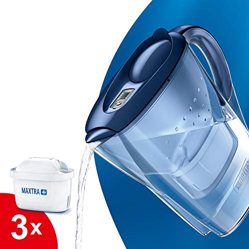 BRITA Marella Jarra con filtro de agua para nevera para reducir el cloro, la cal e impurezas, Incluye 3 cartuchos de filtro MAXTRA +, 2,4 L, azul