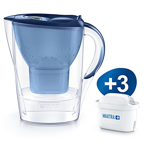 BRITA Marella Jarra con filtro de agua para nevera para reducir el cloro, la cal e impurezas, Incluye 3 cartuchos de filtro MAXTRA +, 2,4 L, azul