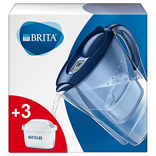 BRITA Marella Jarra con filtro de agua para nevera para reducir el cloro, la cal e impurezas, Incluye 3 cartuchos de filtro MAXTRA +, 2,4 L, azul