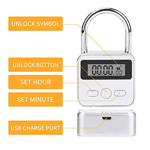 Brynnl Smart Time Lock 99 horas de bloqueo de tiempo máximo con pantalla LCD Candado de seguridad recargable USB Bloqueo de temporizador electrónico de metal resistente (Plata)