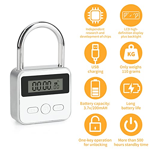 Brynnl Smart Time Lock 99 horas de bloqueo de tiempo máximo con pantalla LCD Candado de seguridad recargable USB Bloqueo de temporizador electrónico de metal resistente (Plata)